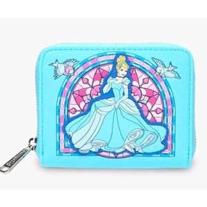 Loungefly Disney Cinderella Stained Glass Portrait Blue Zip Wallet NWT